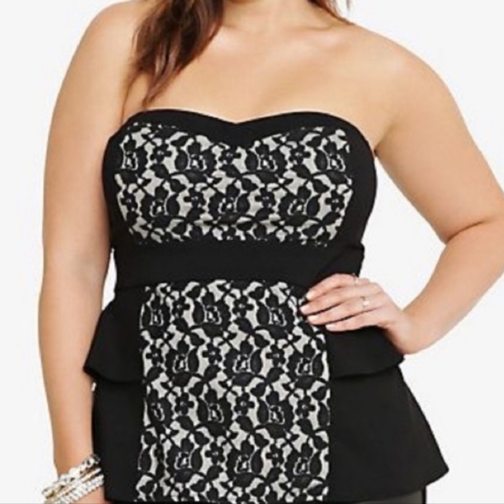 Torrid Black and White Strapless Peplum Top
